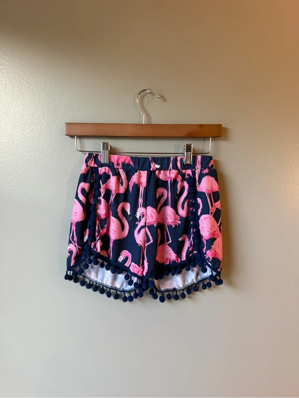 Flamingo Print Pom Pom Shorts Tropical Resort Beach Vacation